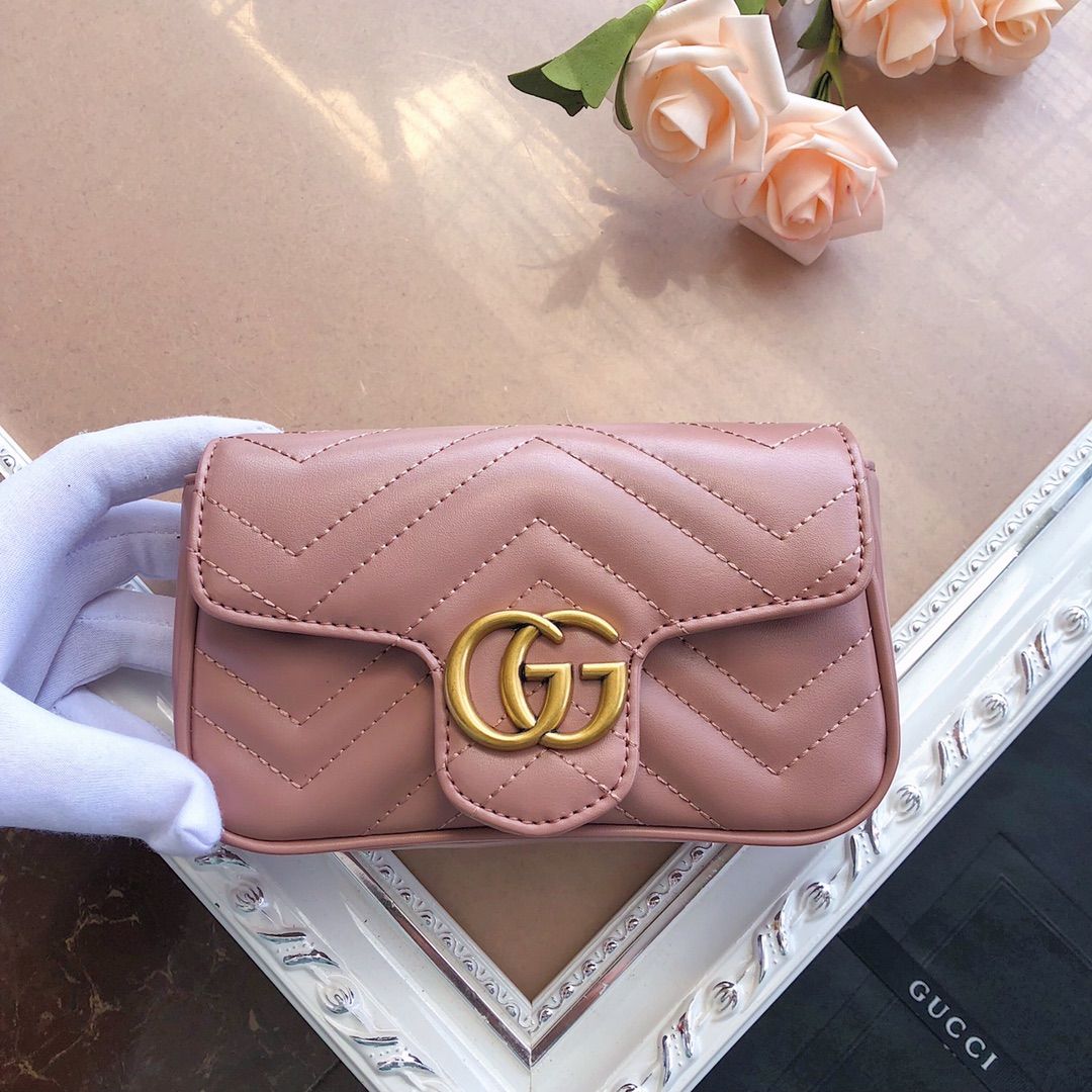 Gucci Gg Marmont Leather Super Mini Bag  Dusty Pink Chevron Leather